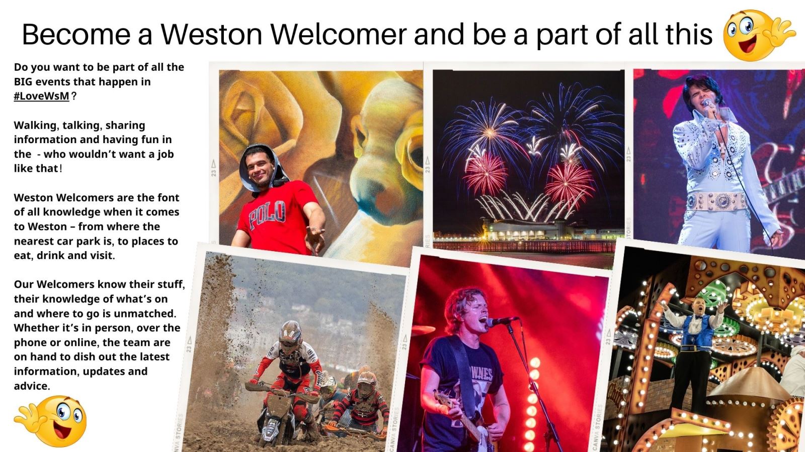 A collage of several images featuring singers, fireworks, motorbike racing, Elvis impersonators and a carnival float